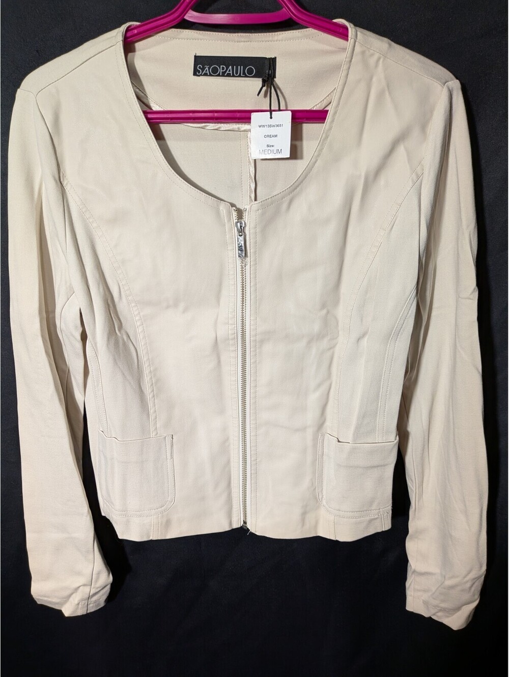 SAO PAULO Women's Cream Faux Leather Zip Jacket NWT Size Medium Chic Vegan